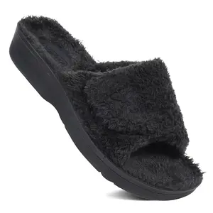 AEROTHOTIC - Gemma Warm Fuzzy House Slippers for Womens - Soft Faux Fur Material -Adjustable Straps - Non-Slip Sole