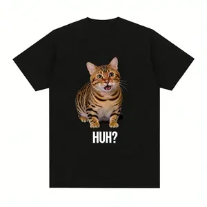Wild Spotted Bengal Cat Funny Huh Meme T-Shirt  Oversized Breathable Cotton Tee For Woman Man Unisex