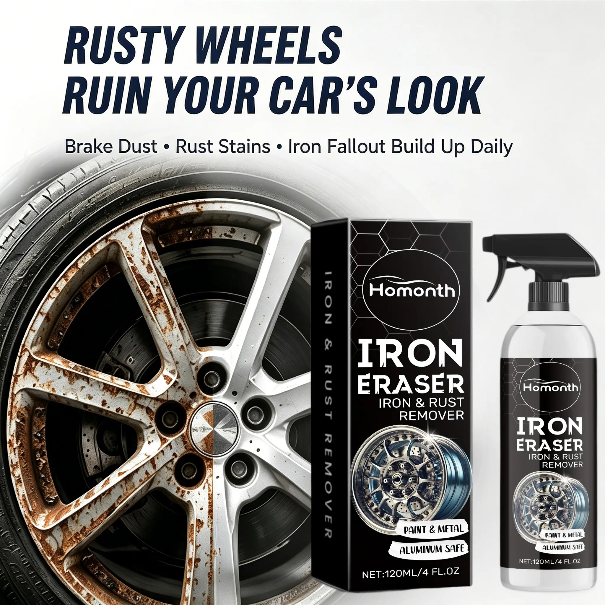 Automotive Iron Remover and Rust Cleaner Spray Wheel Rim Brake Dust Remover Fast Acting Car Detailing Product for Alloy Wheels Metal Surfaces Cars Trucks and Motorcycles