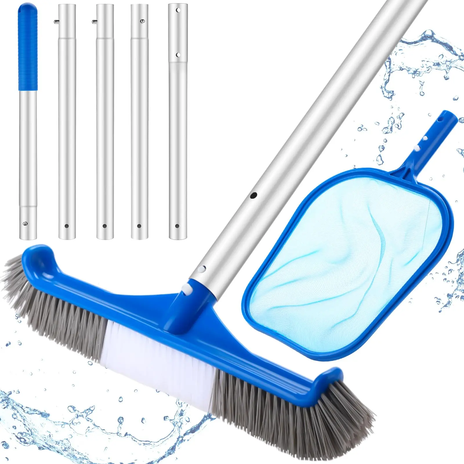 3 Pcs Pool Cleaning Kit with Hand Skimmer Net, 47.24" Aluminum Pole and Long Pool Brush Maintenance Accessory Tool for Above Ground Inground Ponds Home Tubs Spa(17.5" Brush)