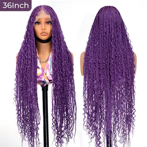 Long Purple 36 Inch Full Lace Boho Box Braided Wig – Bohemian Style Synthetic Braids with Curly Ends for Women