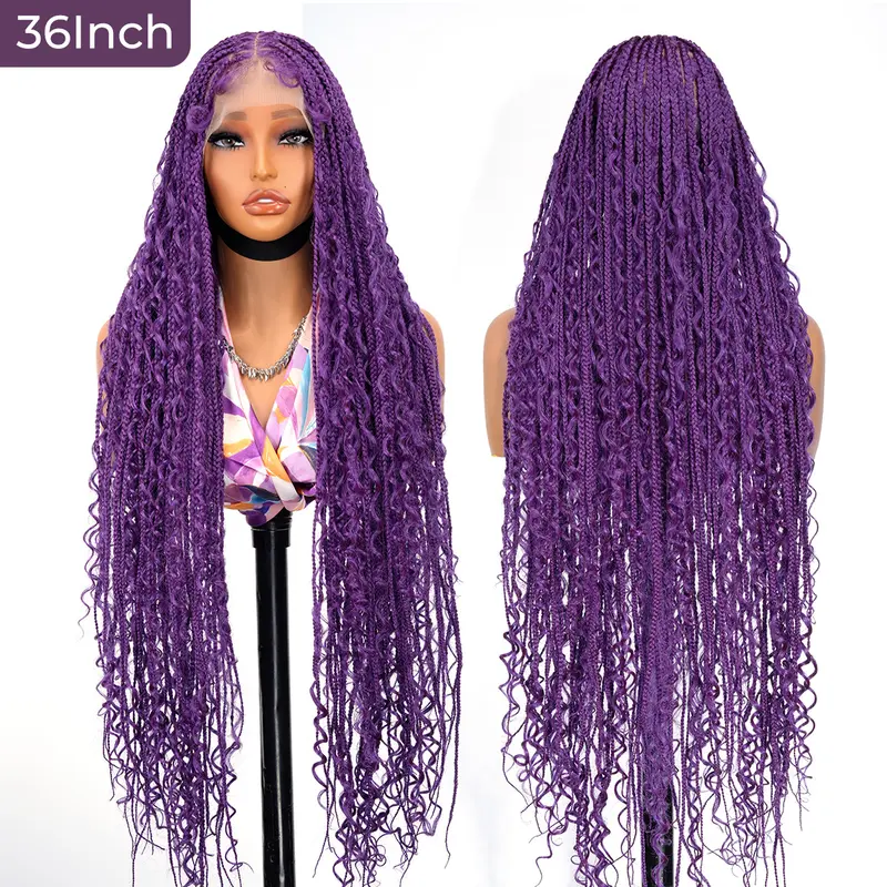 Long Purple 36 Inch Full Lace Boho Box Braided Wig – Bohemian Style Synthetic Braids with Curly Ends for Women #SohoChic #TikTokShopStockUp #DealsForYouDays Braided Hair Wigs Boho Goddess Braids
