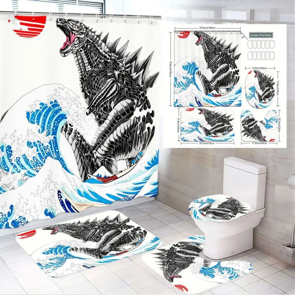 1/4pcs Godzilla The Great Wave Off Kanagawa Bathroom Set - Shower Curtain Sets, Decorative Shower Curtain, Toilet Lid Cover, 2 Bath Mats, Japanese Art Pop Culture Home Decor, Bathroom Decoration Accessories, Perfect for Easter Gifts