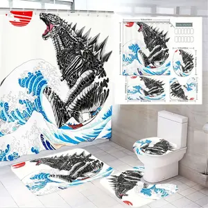 1/4pcs Godzilla The Great Wave Off Kanagawa Bathroom Set - Shower Curtain Toilet Lid Cover 2 Bath Mats, Japanese Art Pop Culture Home Decor, Perfect for Easter, St Patrick's Day, Mother's Day, Valentine's Day Gifts