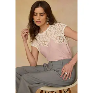 Extended Cap Sleeve Round Neck Lace Yoke Woven Tank Top