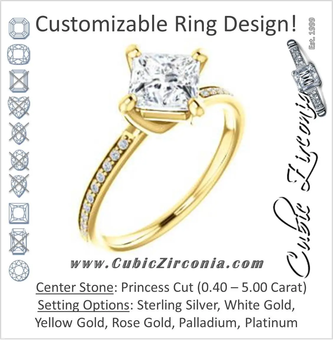 Cubic Zirconia Engagement Ring- The Valeria (Customizable Kite-setting Princess Cut Center featuring Thin Pavé Band)