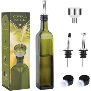 17oz Glass Olive Oil Bottle Dispenser-500ml Green Oil and Vinegar Cruet With Pourers and Funnel - Olive Oil Carafe Decanter For Kitchen