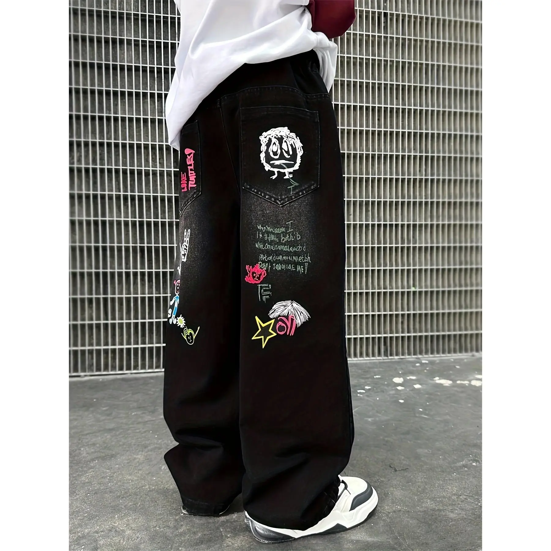 New(New)Boys' Y2K Style Cartoon Print Straight Leg Jeans - Black Loose Fit Denim with Fun Graphic Designs (Bear, Stars, Hearts) for Spring, Summer & Fall Outdoor Activities, Boy Jeans