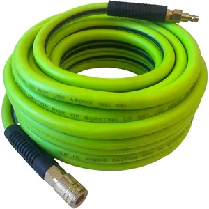 Air Hose 3/8 in x 6 ft, Heavy Duty, Lightweight, Kink Resistant, Hybrid Air Compressor Hose with 1/4 in Solid Brass Male Fittings, Bend Restrictors, 300 PSI (6FT, Green Black)