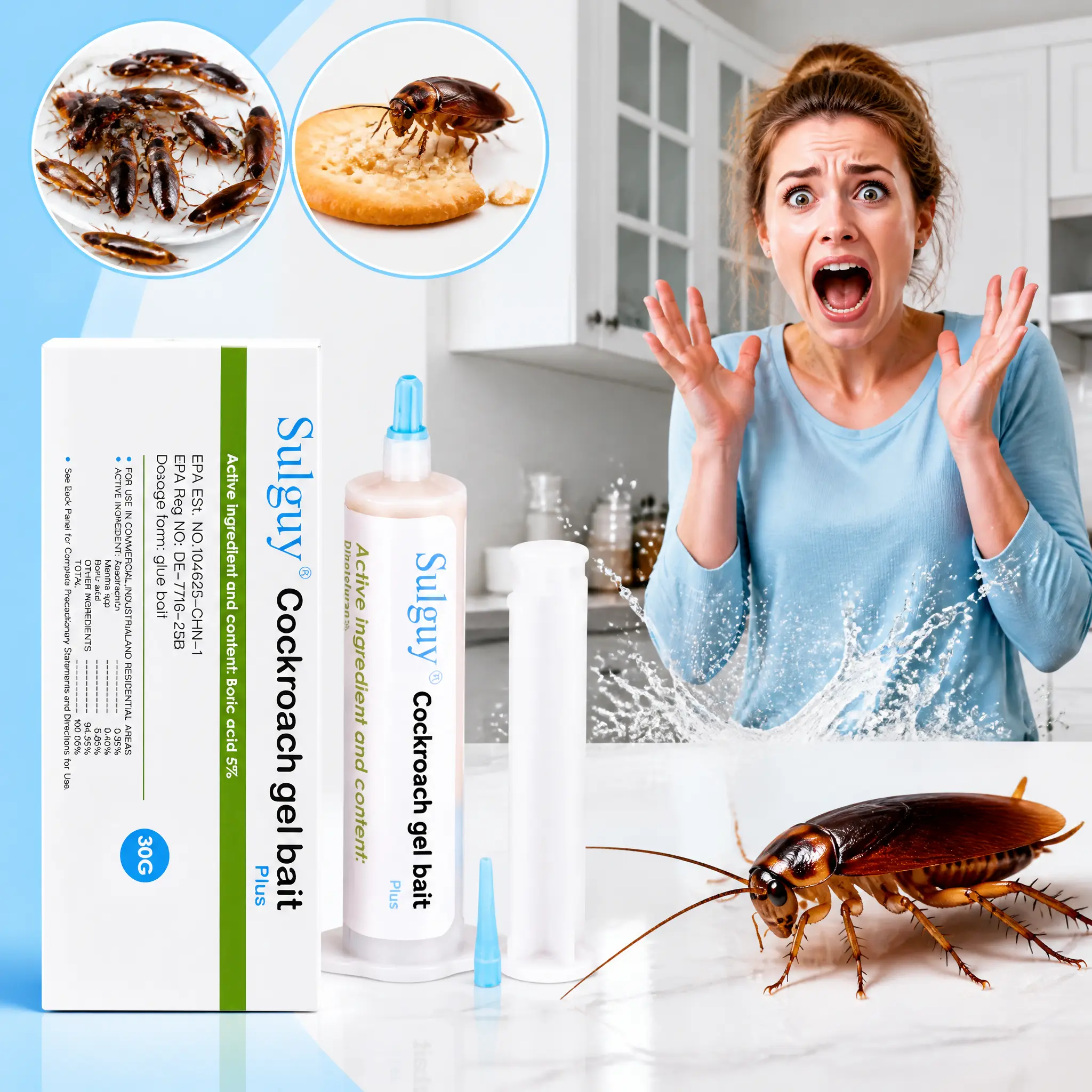 Sulguy Cockroach Gel Bait , Indoor-Outdoor Pest Control, Effective Roach Killer for American, German and Major Cockroach Species, Bug Killer Cockroaches, Insect Control Cockroaches