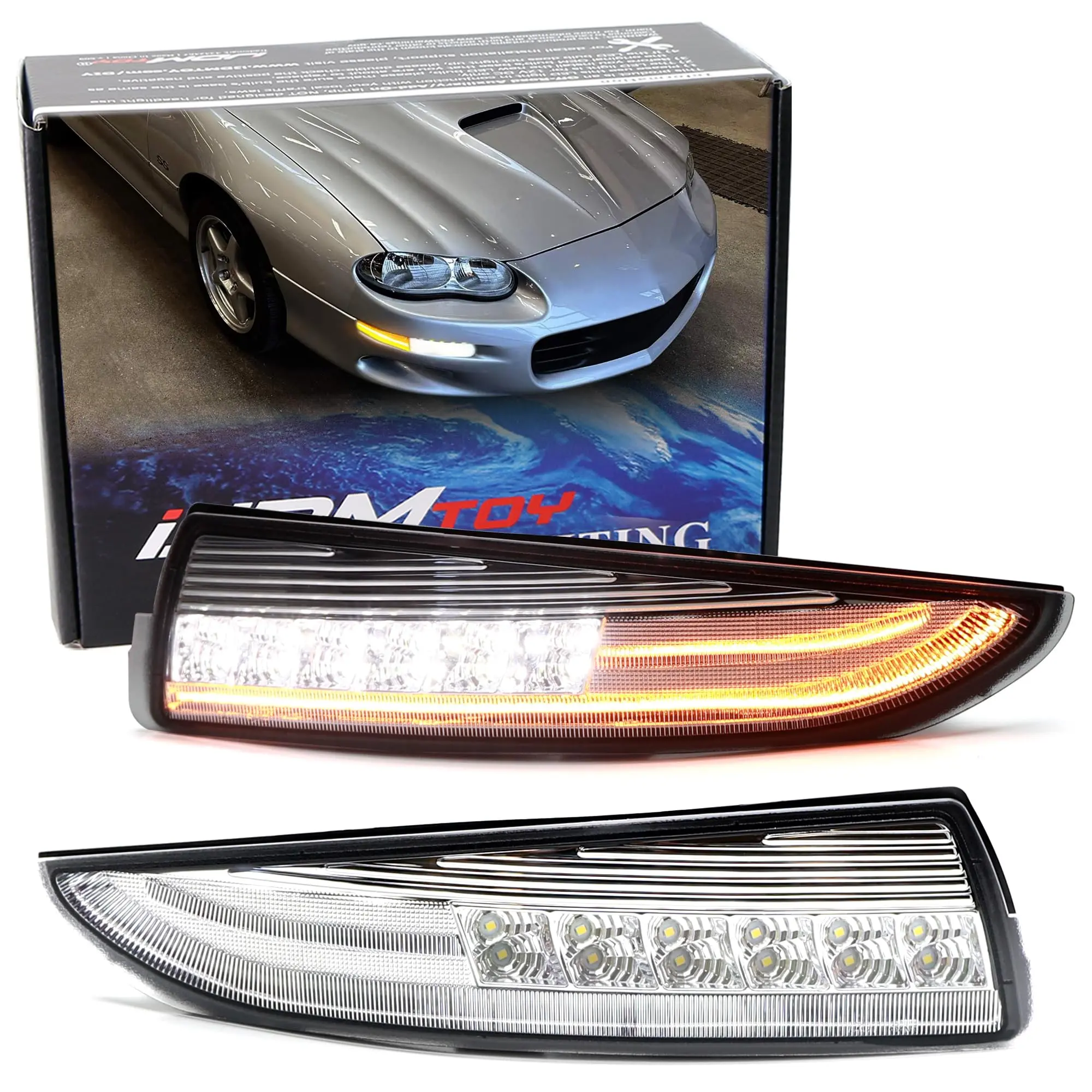 iJDMTOY Semi-Clear Lens LED DRL/Laser Sequential Front Turn Signal Light Assembly For 1993-2002 Chevrolet Camaro, Xenon White LED Parking/Driving & Full Amber LED Blinker