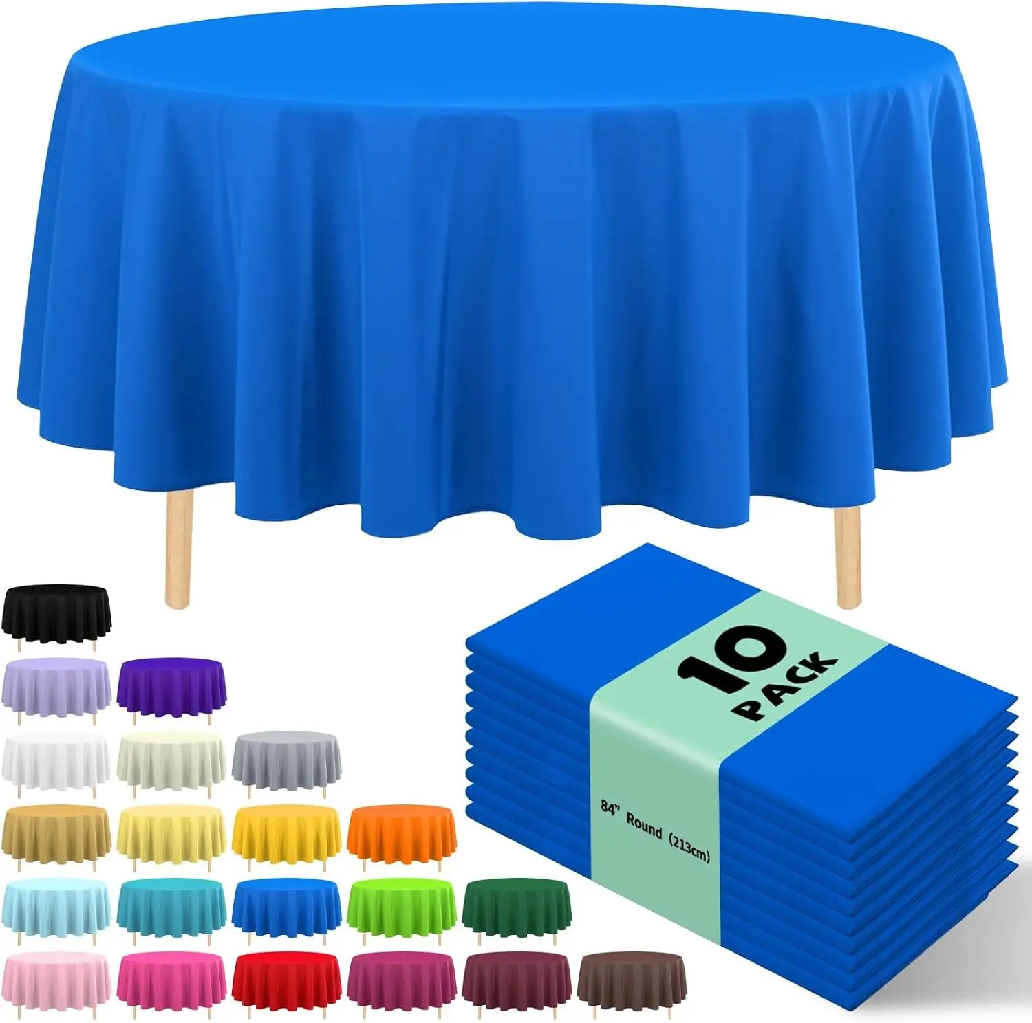 10 Pack Premium Disposable Plastic Tablecloth 84" Round Table Cover for Birthdays Weddings Christmas Anniversary Buffet Table (Blue)