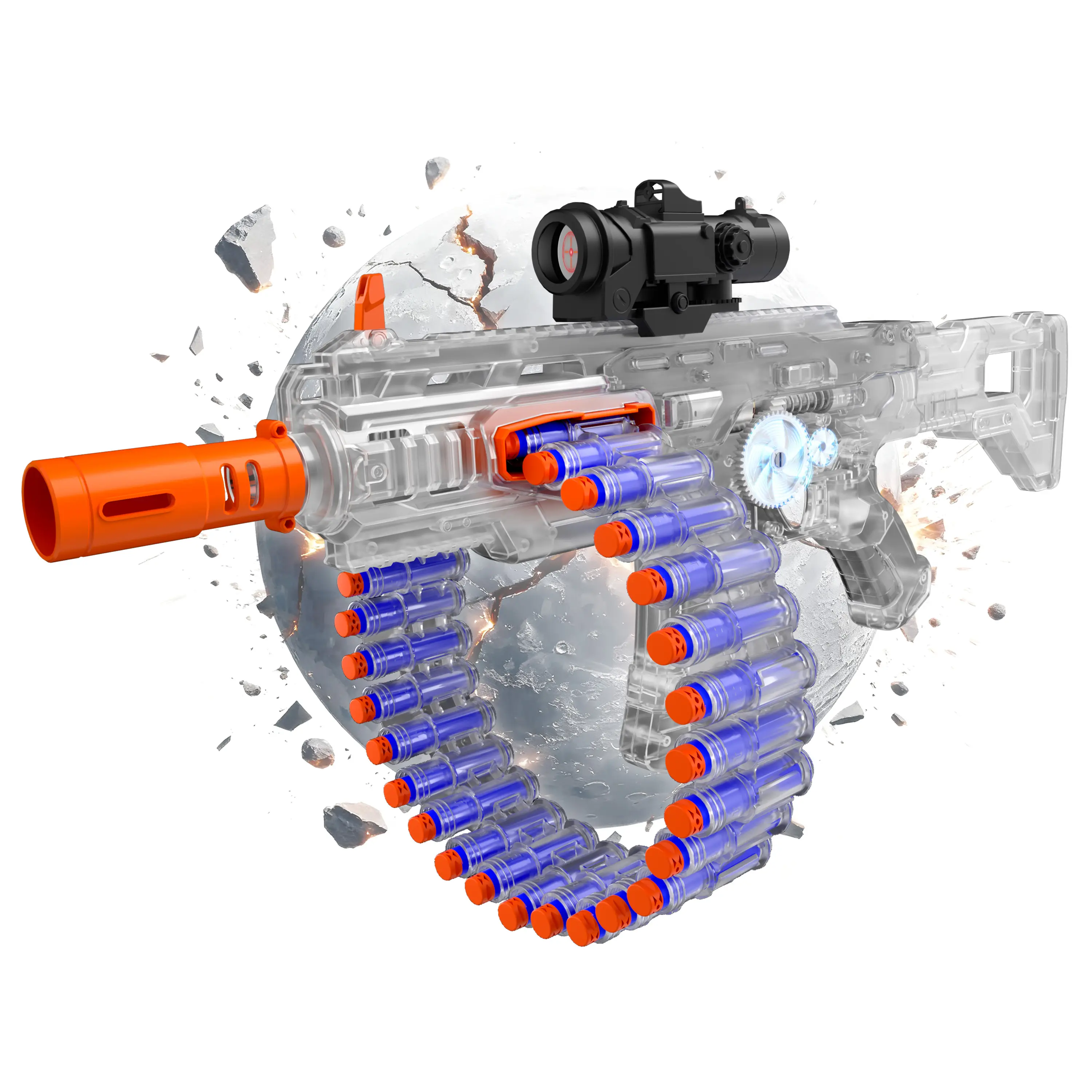 SOFITEN CLANK X - Electric Automatic Toy Gun with Scope Toy Blaster with 30-Dart Rotating Drum and 100 Foam Darts Outdoor Shooting Games Birthday gift for Teen Boys & Girls Adults