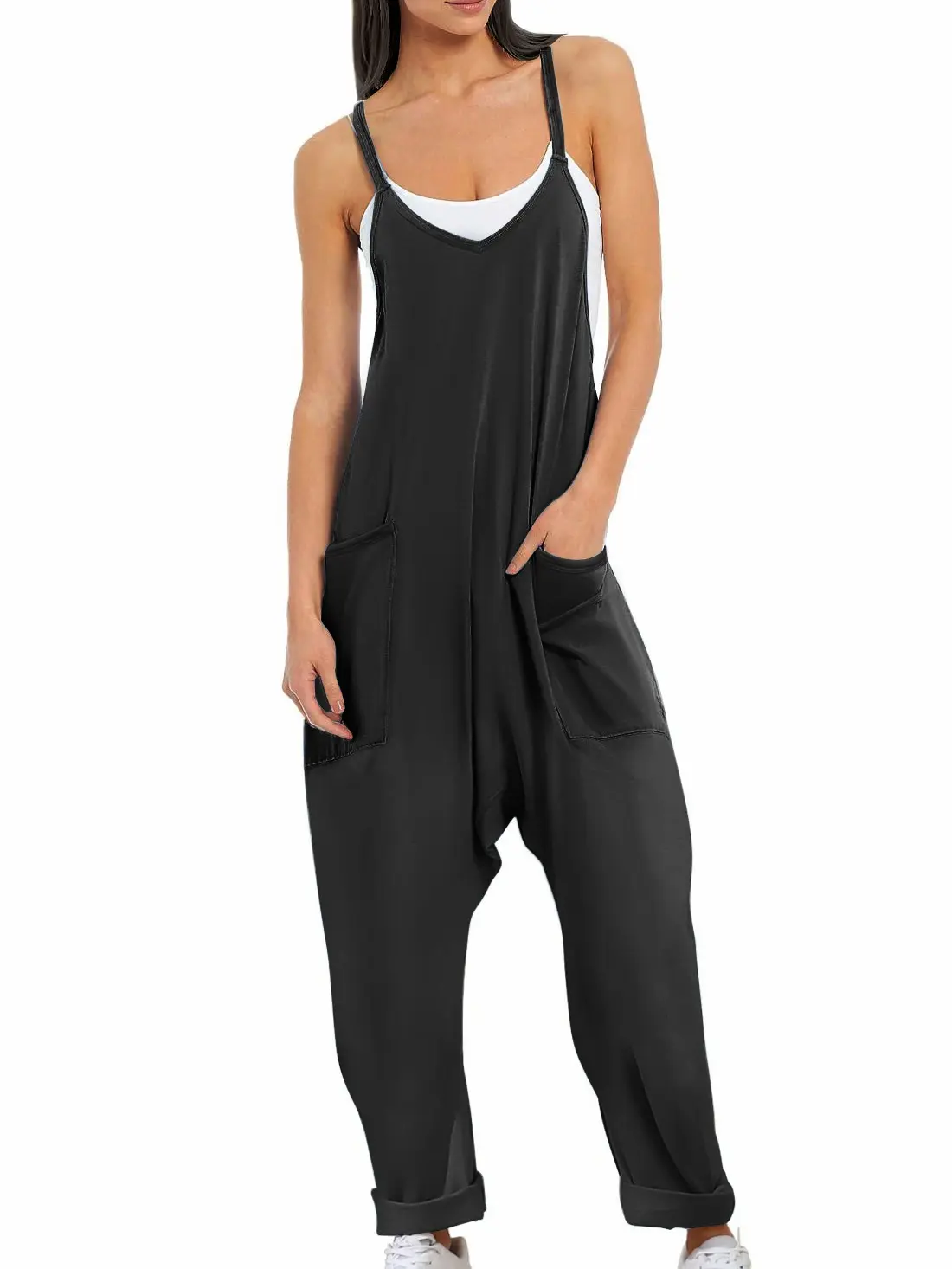 Ekouaer Women's Baggy Fashion Overalls - Stretchy Sleeveless V-Neck Long Pants Romper with Adjustable Spaghetti Straps, Pockets for Beach, Outdoor Style