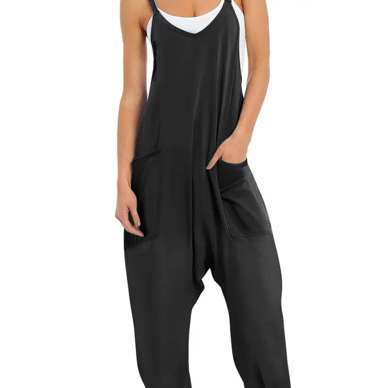Ekouaer Women's Simple Spaghetti Strap Outdoor Oversized Soft Overalls - Elastic Stretch Lightweight, Adjustable Straps, V-Neck Sleeveless Racerback, Pockets, Long Pants, Basic Casual Garment for Beach, Brunch