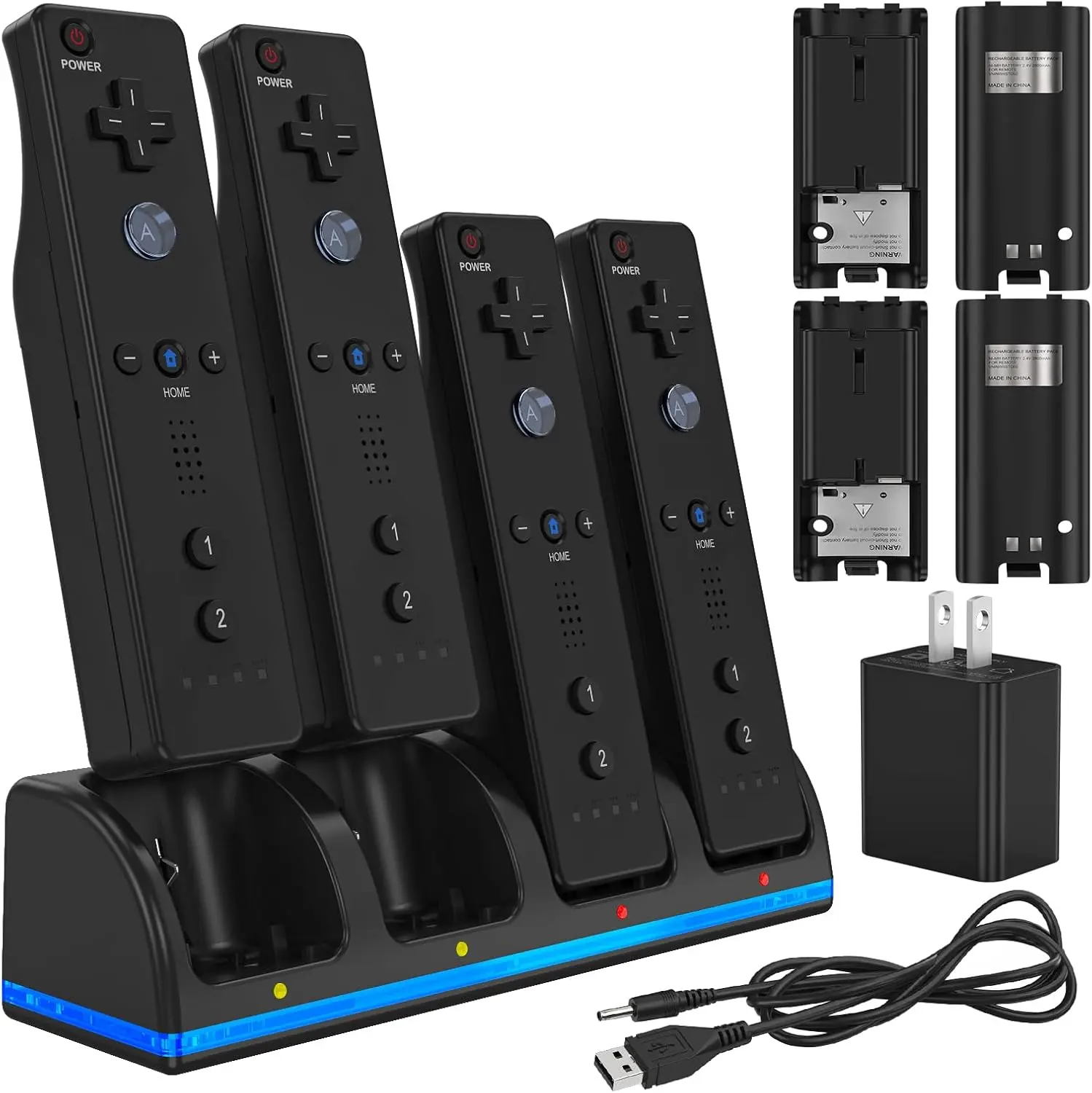 RUNTOGOL 4 in 1 Wii Remote Charger,Charging Station with 4 Pack 2800mAh Rechargeable Battery,Plugs, USB Cable for Wii/Wii U Remote Controller(Not Include Controllers) Console