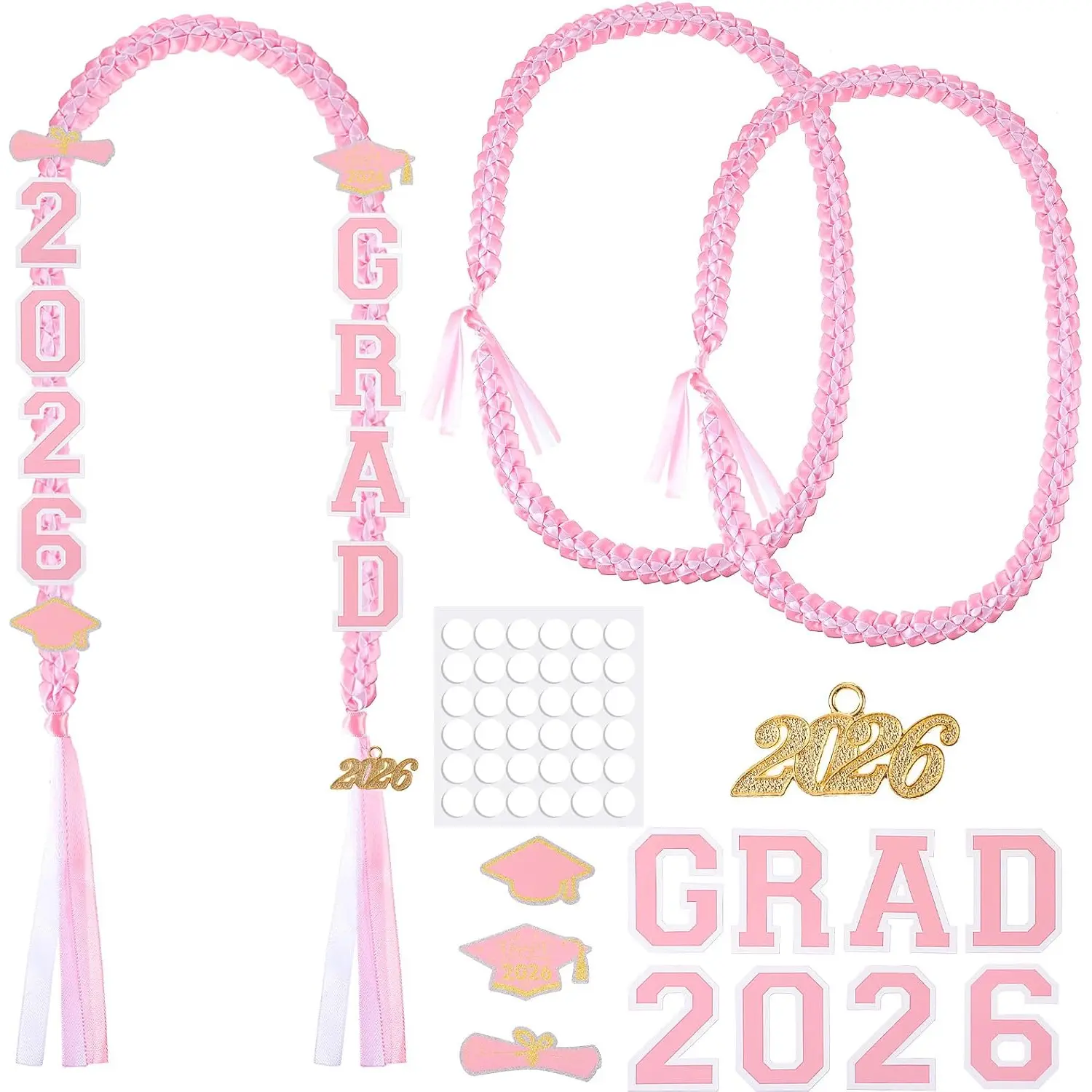 Graduation Ribbon Leis Set Class of 2026 Handmade Double Braided Necklace Adjustable Includes Silk Leis Grad Cutouts 2026 Pendant for Graduation Party Accessories(Pink, White)