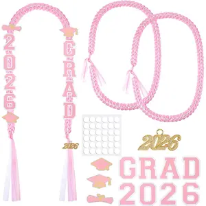 Graduation Ribbon Leis Set Class of 2026 Handmade Double Braided Necklace Adjustable Includes Silk Leis Grad Cutouts 2026 Pendant for Graduation Party Accessories(Pink, White)