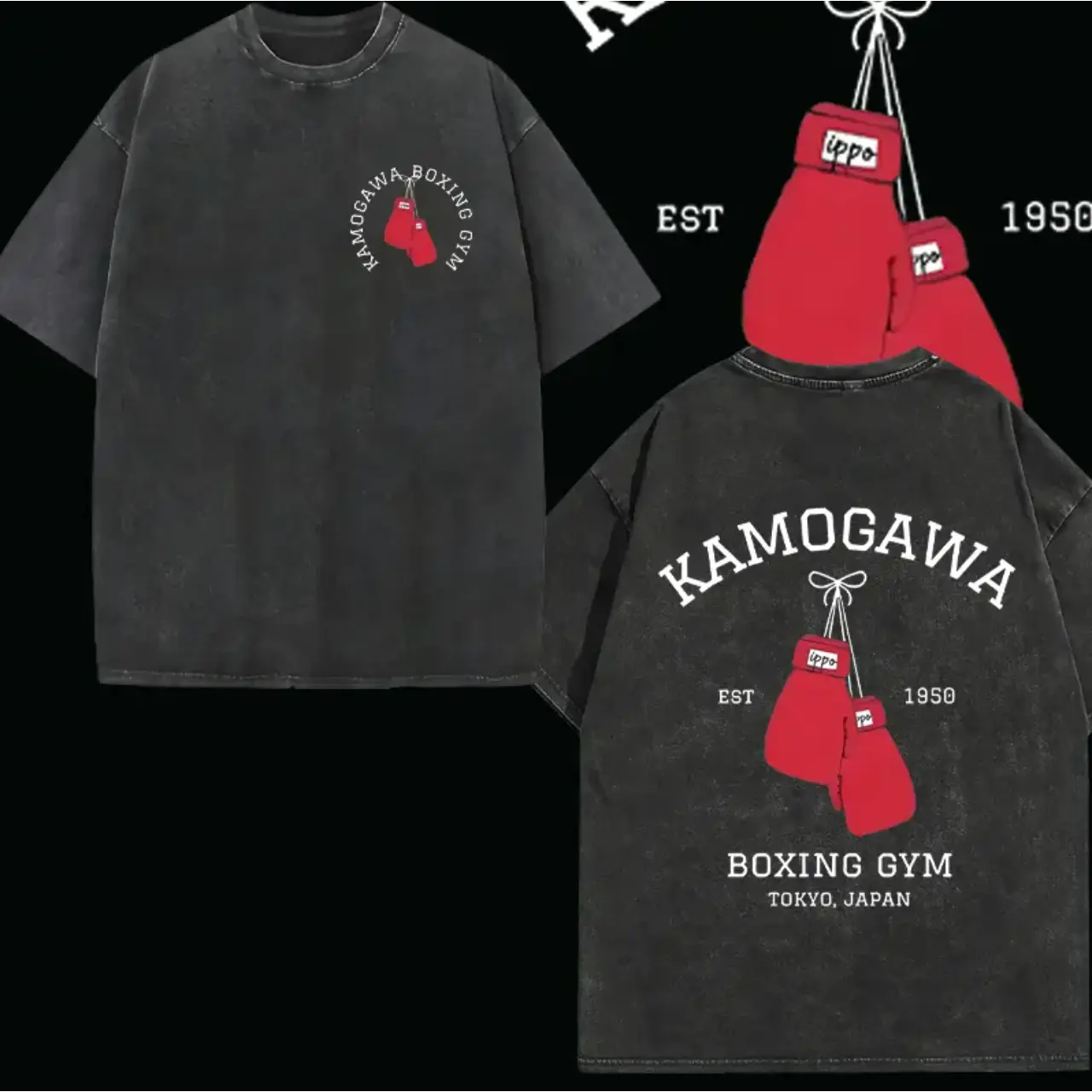 Anime Hajime No Ippo Washed Vintage T-shirt Kamogawa Boxing Gym Harajuku T-shirts Makunouchi Takamura KGB Loose Cotton T Shirt Everyday Fit,back to school,back to school shopping