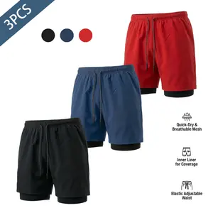 3 Pack Mens 2 in 1 Gym Workout Shorts with Compression Liner & Phone Pocket. Quick Dry Athletic Running Shorts for Fitness Training. Breathable Double Layer Activewear Set.