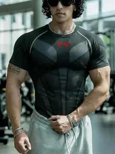 Men's Fitness Top, Casual Running Quick-Dry Breathable Tight Fit Short Sleeve T-Shirt, Gym Training, Fitness Activewear, Night Run, Daily Wear, Comfortable, Athletic Tops