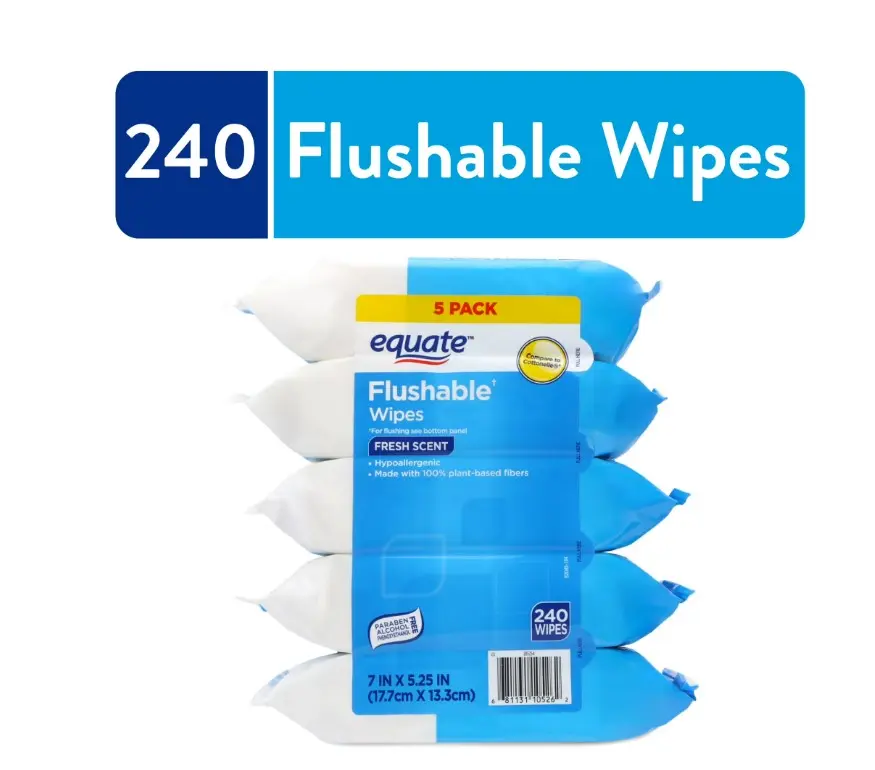 Equate Flushable Wet Wipes, Fresh Scent, 240 Wipes, 5 Pack Equate Flushable Wet Wipes, Fresh Scent, 240 Wipes, 5 Pack