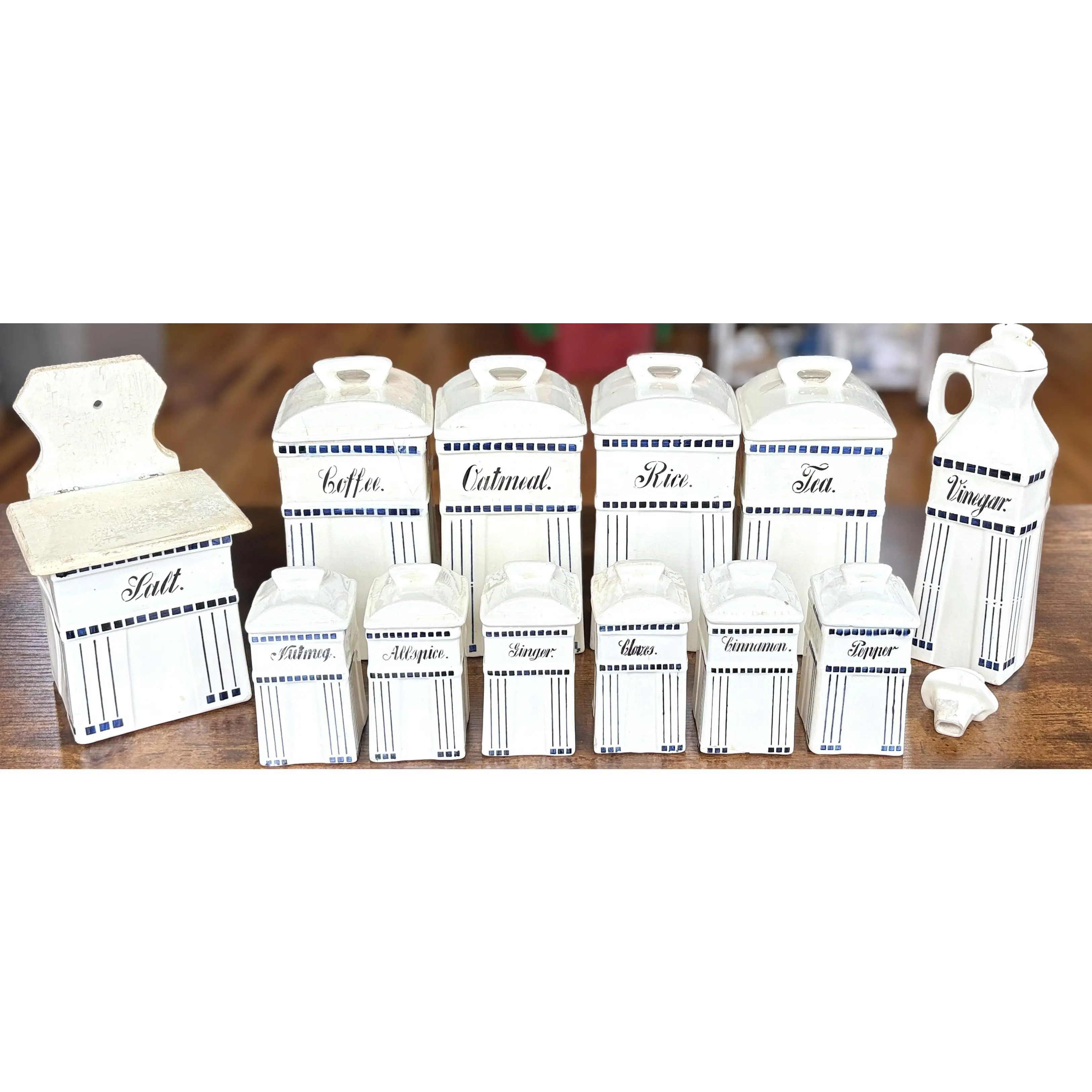 Vintage Twelve Piece German Kitchen Porcelain Kitchen Canisters Set - 12 Piece "Basel" Stamped Blue & White Kitchen Storage