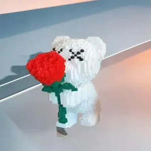 Bear with Rose Toy, 6541pcs/set Cute Romantic Bear with Rose Flower Building Blocks Ornament, Creative Desktop Decoration for Home Office