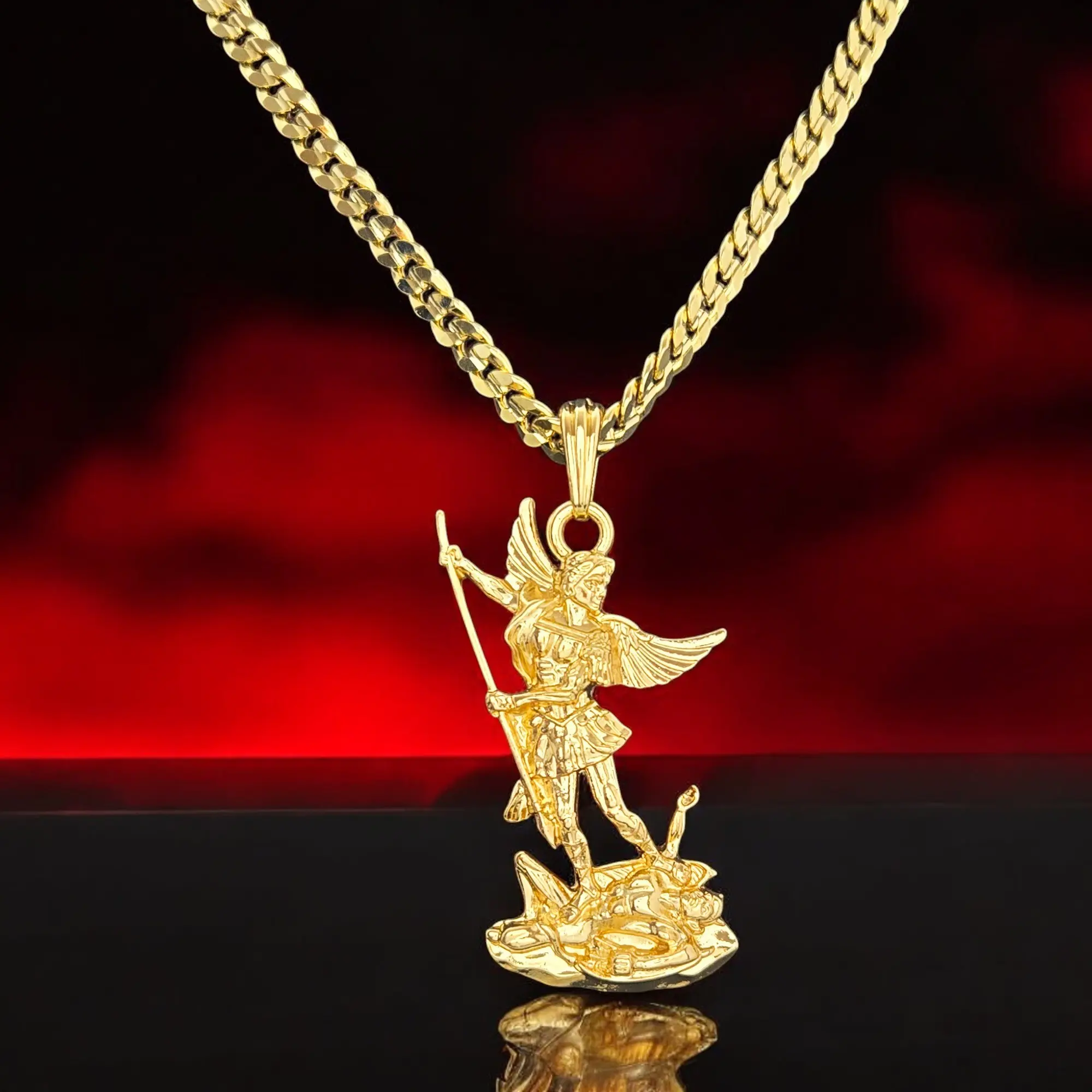 MaxBling81 Unisex Saint Michael Archangel Pendant Necklace, 14K Stamped 5mm Brass Coated Cuban Chain (20" or 24"), Gold Plated Hip Hop High-End Fashion Costume Jewelry, Includes Pendant for Daily Wear