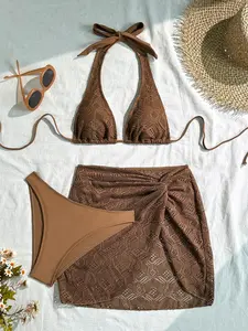 Women's Bikini Set, Vintage Hollow Out Design, Lace-Up Style, Slimming Effect, Perfect for Beach & Pool Parties, Trendy Swimsuit, Halter Neck Bikini