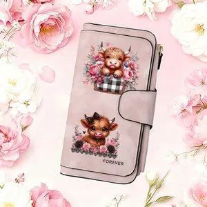 1pc Highland cattle flowers pattern women's long wallet, multi-functional wallet, portable snap coin purse, birthday gift and daily commuting essential, perfect holiday gift, suitable for outdoor, travel and family use, 3.13CYJ-1