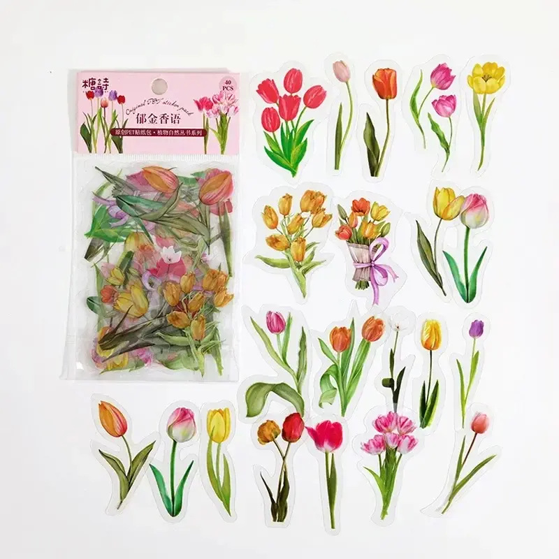 40 Pieces /Pack Colorful Summer Flower and Plants Diary DIY Decoration Sticker for Album Notebook Decorative PET sticker bag