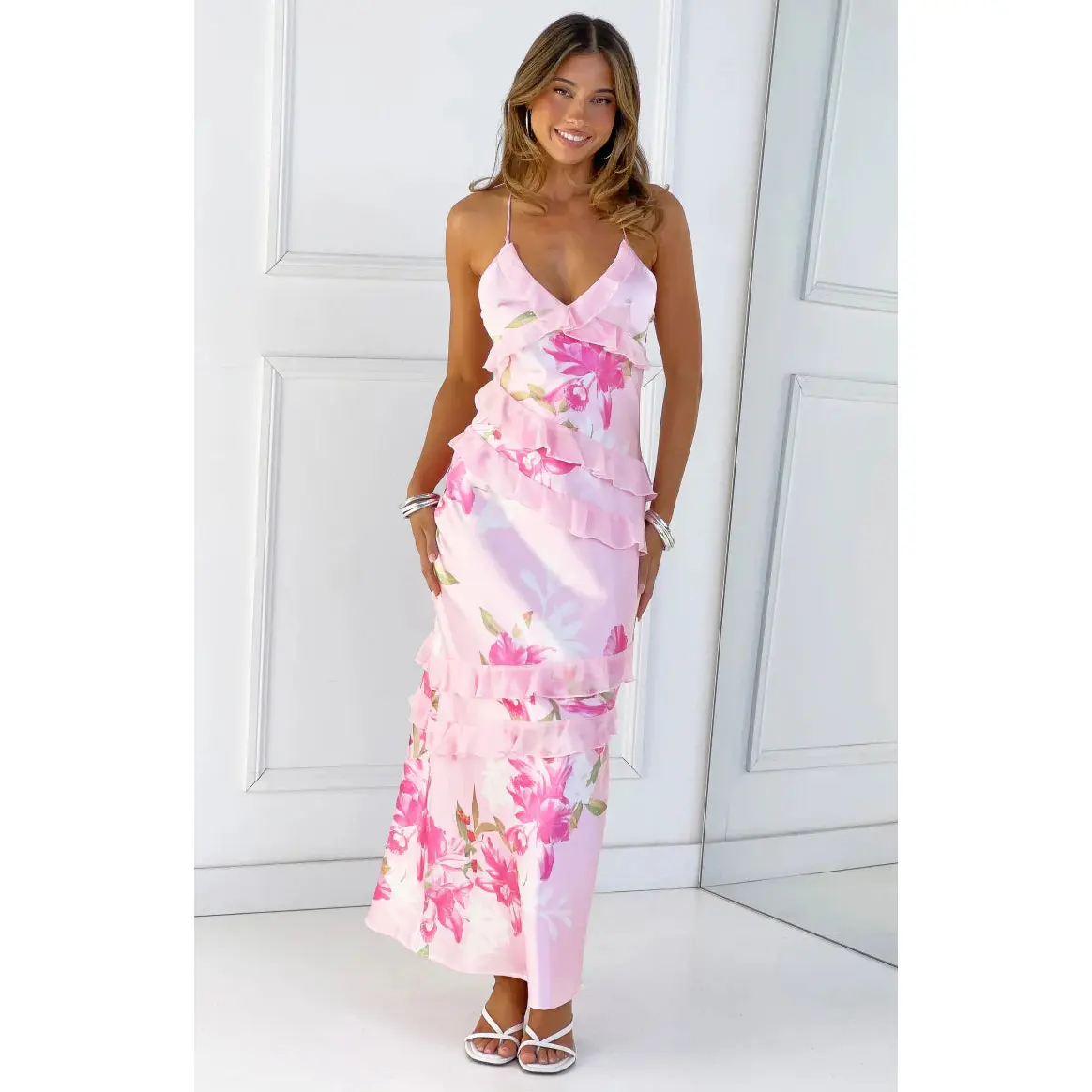 Inara Pink Floral Print Ruffle Maxi Dress