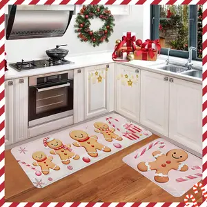 2/3pcs Christmas kitchen carpet floor mat, Home decor rugs, flannel Christmas gingerbread man snowflake cane candy pattern anti slip kitchen floor mat, suitable for kitchen, entrance door, laundry room, bathroom Christmas decoration floor mat