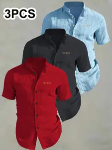 3-Pack Men's Summer Short Sleeve Shirts, Top, Breathable Solid Collar Button-Up, Ideal for Beach Pool, Casual Swimwear, Perfect for Summer