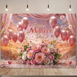 Mother's Day Theme Background Banner, Wishing Banner, 1 Count Flower & Balloon Pattern Backdrop, Party Decoration Banner for Home Living Room Bedroom, Vanity Decor Accessories, Ornaments
