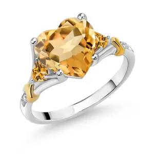 Gem Stone King 925 Silver and 10K Yellow Gold Yellow Citrine and White Diamond Engagement Ring For Women | 3.55 Cttw | Heart Shape 10MM | Gemstone November Birthstone