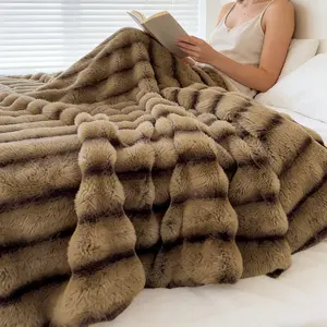 Luxurious Faux Rabbit Fur Striped Blanket, Multi-Functional Sofa Bed Living Room Travel Blanket, Pet Friendly, Gift for Mom