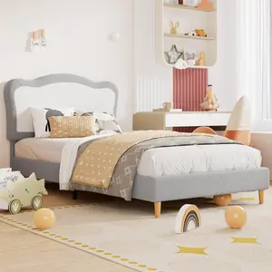 Full Bed Frames for Kids with Soft headboard,Velvet Low Bed Frame for Girls,Boys,No Box Spring Needed,Wooden Slats,Noise Free, Sturdy,Easy Assembly,Grey & White
