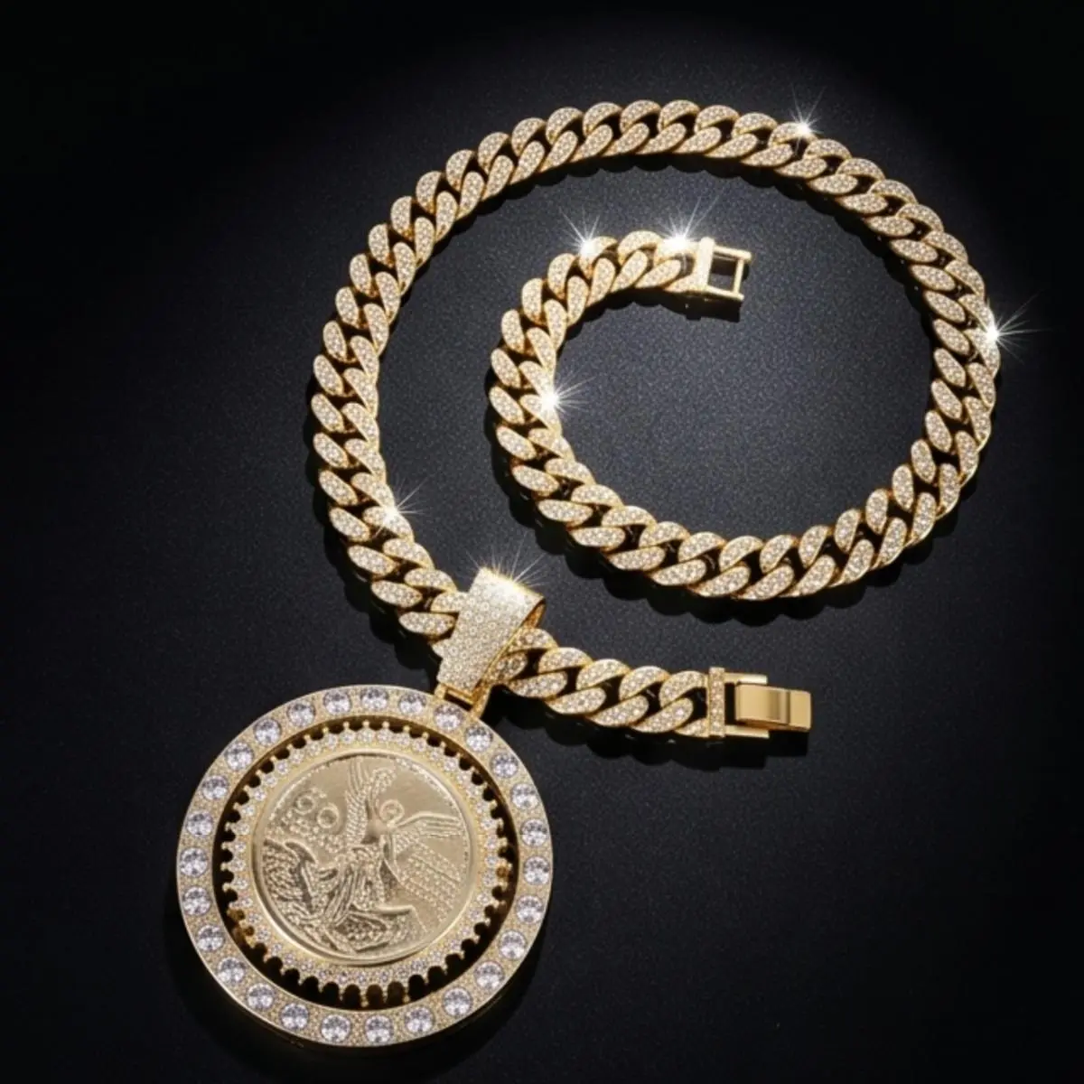 Mexican Centenario 50 Pesos Coin  – 14K Gold Plated Iced Out CZ Spinning 360° Rotating Pendant, Hip Hop Cuban Style Bling Jewelry for Men Women holiday haul christmas birthday anniversary trendy necklace daily clothing decor excellent gift