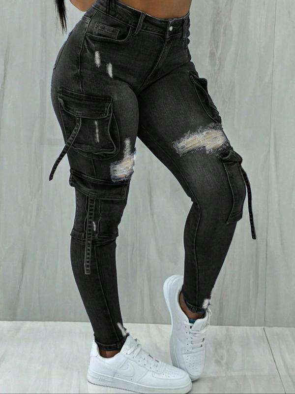 Y2K women's street style multi-pocket cropped work Stretchy Jeans with flap pockets for autumn and winter, perfect for Christmas fashion