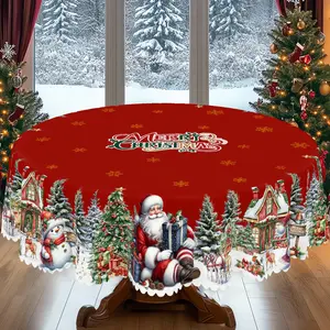 PLUMLIK Red Christmas Tablecloth with Santa Claus, Reindeer, Snowman Patterns, Christmas Decor 2025, Christmas Party Decoration for Indoor&Outdoor, Vintage Round Rectangular Table Cloth, Holiday Home kitchen Festive Decor, Christmas Gifts