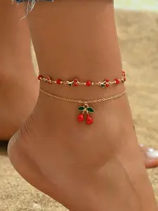 Cute Cherry Pendant Anklet, Fashionable Foot Jewelry for Women & Girls, Trendy All-match & Exquisite Jewelry for Birthday Gift, Adjustable Anklet