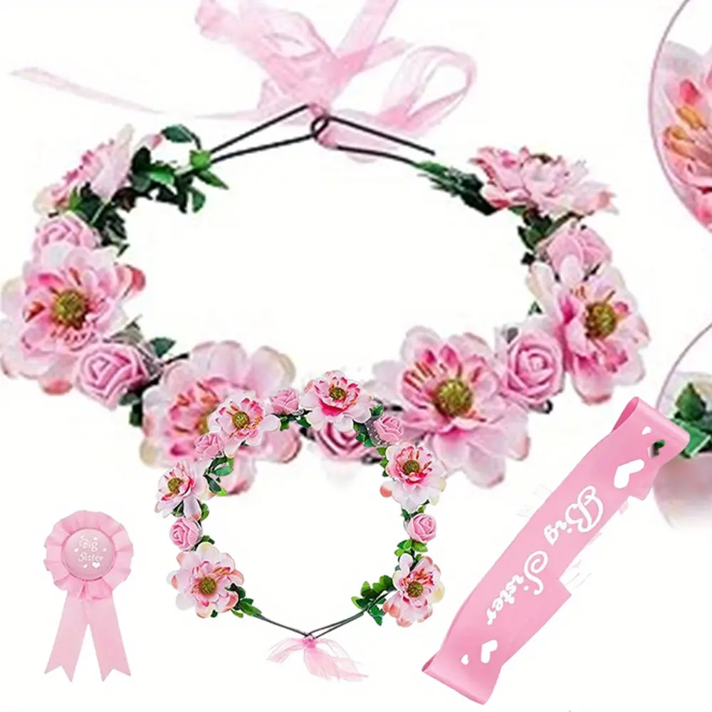 3 Pcs Big Sister Accessory Set Big Sister Flower Crown Satin Sash Pin Gifts for Party, Flower wreath headwear, Etiquette badge chest flower