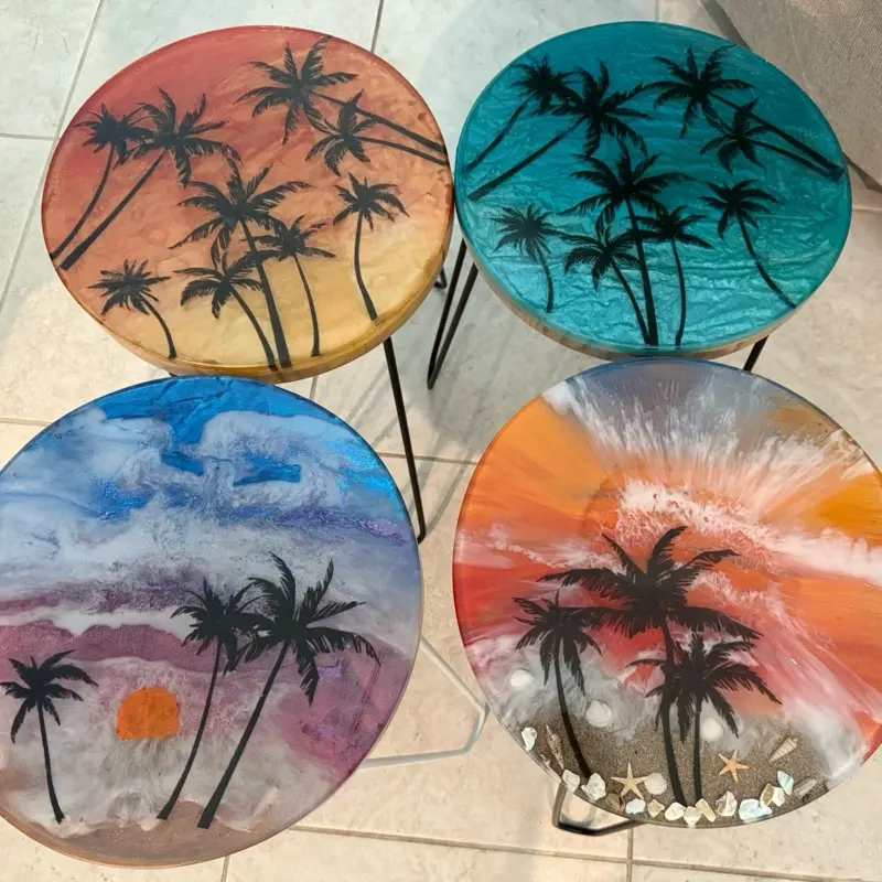 Bamboo round end table with coastal designs
