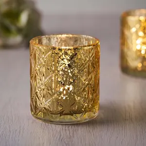 6-Pack Mercury Glass Candle Holders 3" Shiny Gold with Geometric Design - Votive Tealight Holders