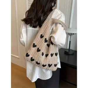 Heart Pattern Colorblock Crochet Handbag, Large Capacity Fashion Beach Bag, Multifunctional Commuter Bag, Perfect Valentine's Gift, Crossbody Crochet Bags