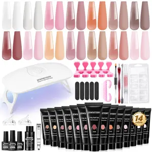 Poly Extension Gel Nail Kit 14 PCS Poly Gel Kit with Slip Solution and Mini Lamp Nail Art Design Beginner