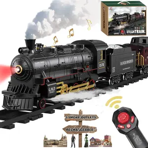 Remote Control Train Set Steam Locomotive, Cargo Car & Tracks, Electric Rechargeable Train Toys with 3 Smoke,Whistle & Lights, for Kids ages 3 4 5 6 7 8+ Year Old