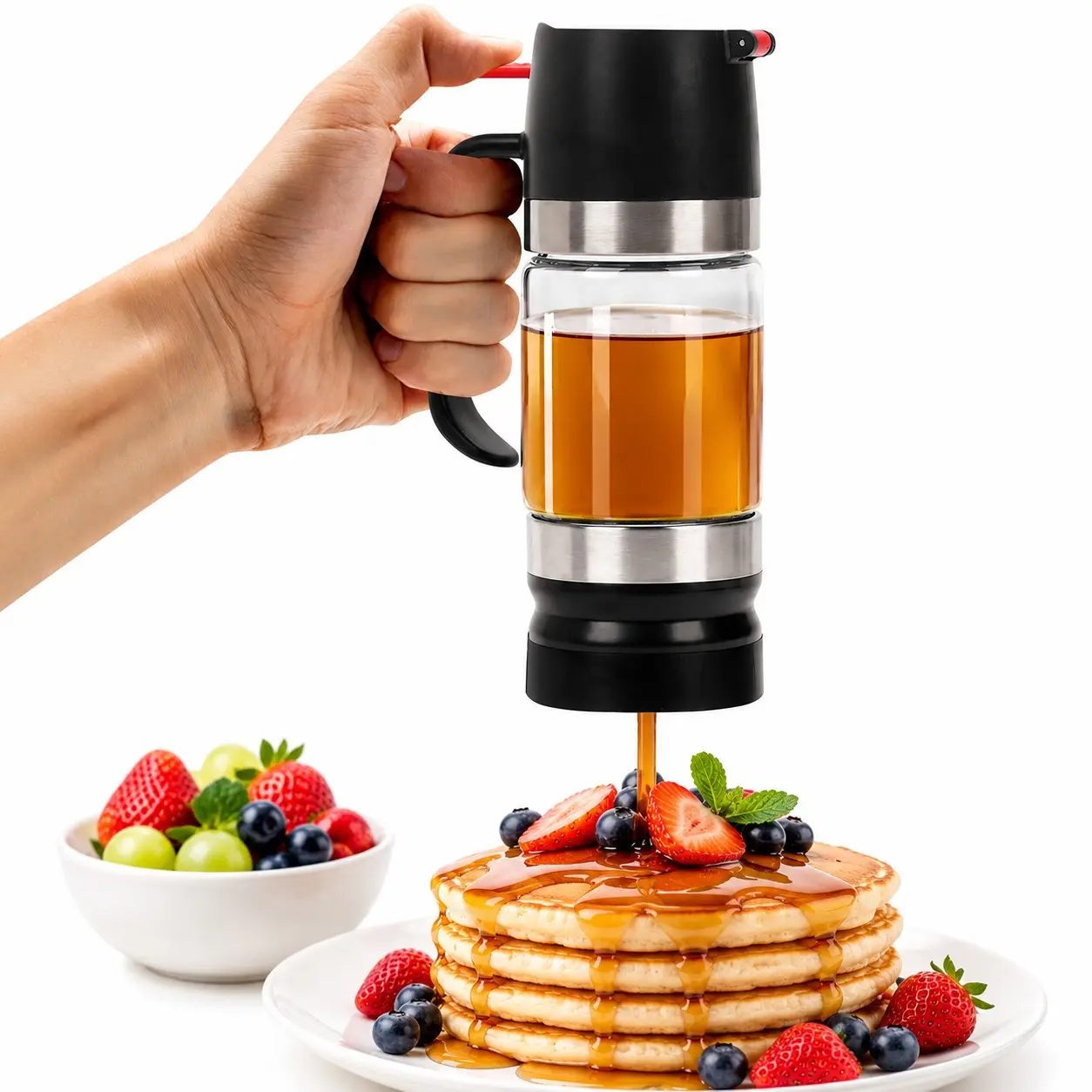 Upgrade Glass Honey Dispenser No Drip - 9 OZ Honey Pot with Trigger Handle | Bottom Pour Maple Syrup Dispenser & Cruet Container | Easy-to-Clean Non-Drip Honey Jar for Kitchen Counter, Black
